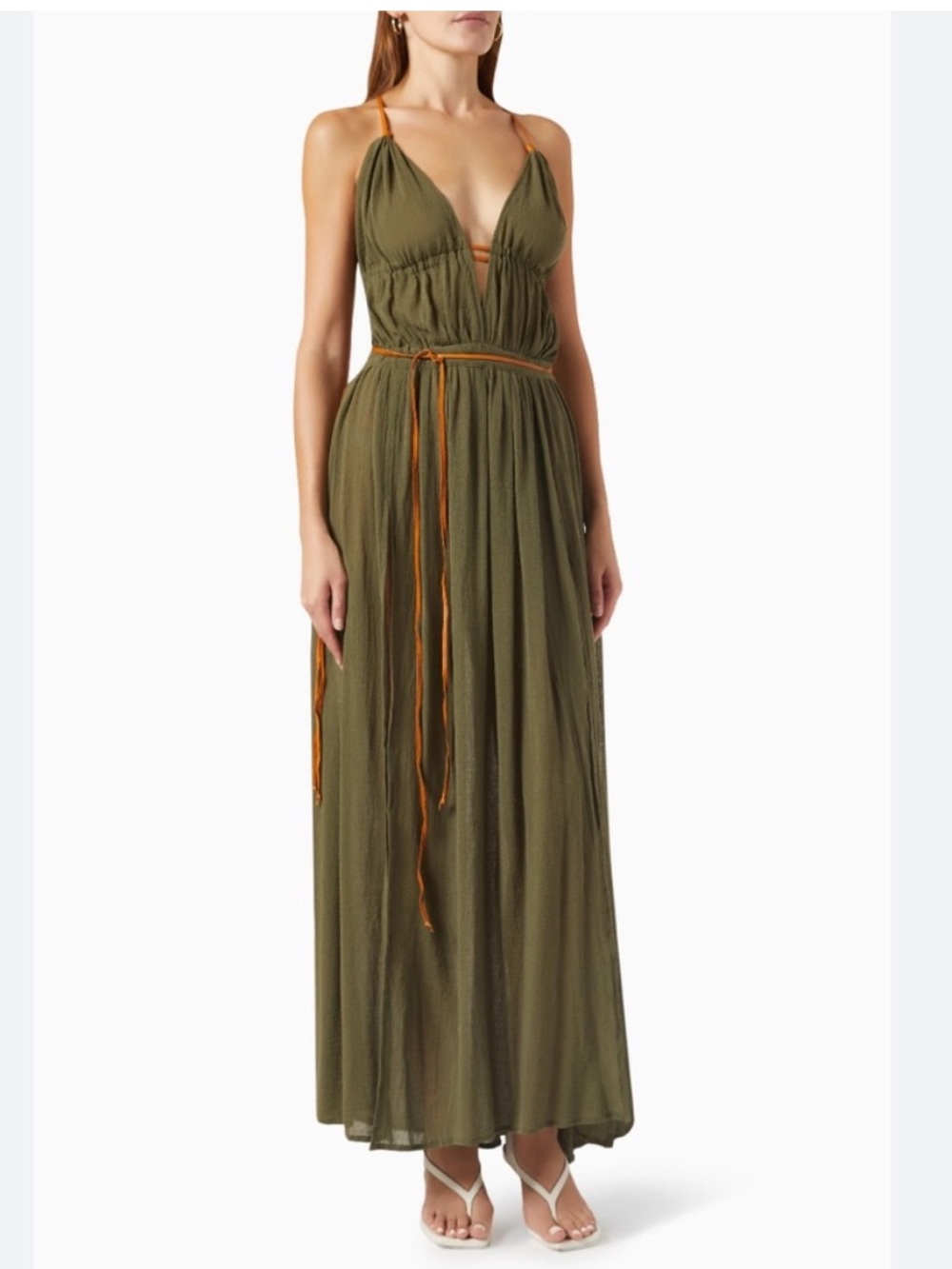 CARAVANA Pomolche Leather trimmed Maxi Dress tie Cotton Gauze Olive OS NWT NEW
